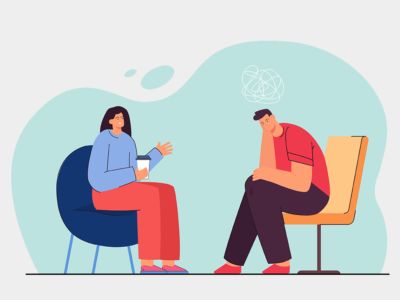 Illustrative drawing of mental health patient talking to therapist