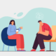 Illustrative drawing of mental health patient talking to therapist