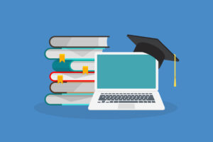 Annual Review illustration graphic of books and a laptop