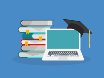 Annual Review illustration graphic of books and a laptop