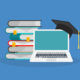 Annual Review illustration graphic of books and a laptop