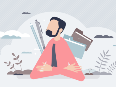 abstract illustration of person with files and pens