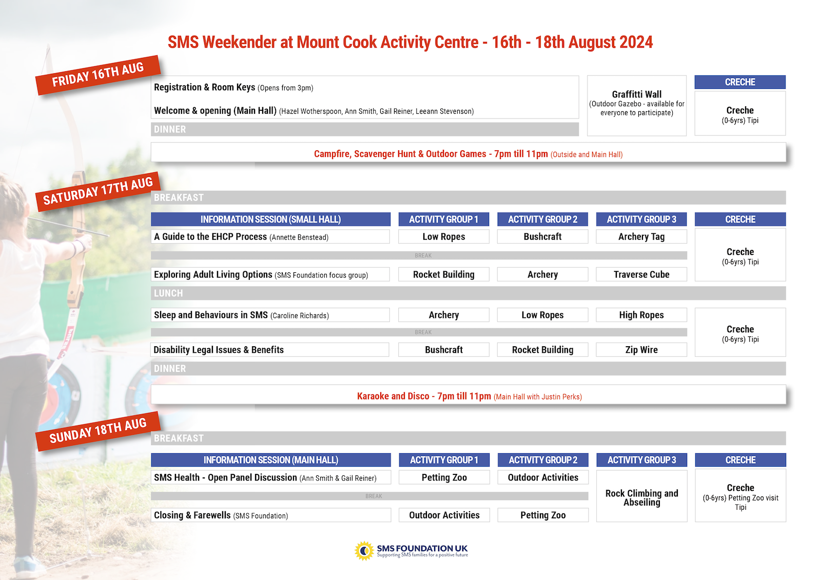 Outline schedule of activities planned for our National Event at the Mount Cook Activity Centre in August 2024