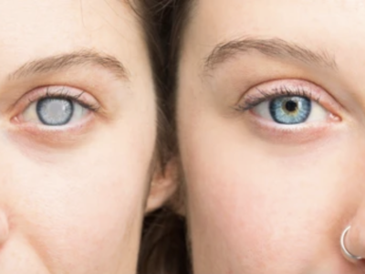 Woman showing cataracts in her eyes on the left visible by the clouded appearance, and without cataracts on the right
