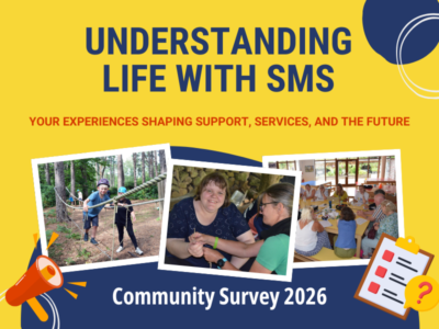 Colourful graphic banner promoting community survey to understand life with SMS