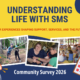 Colourful graphic banner promoting community survey to understand life with SMS