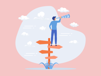 abstract illustration of man searching through a telescope on a signpost