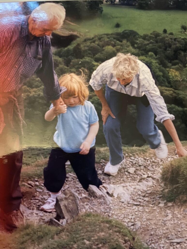 Katherine climbing Cat Bells with her grandparents at 7yrs
