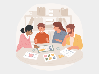 Graphic illustration of a group of professionals planning around a table